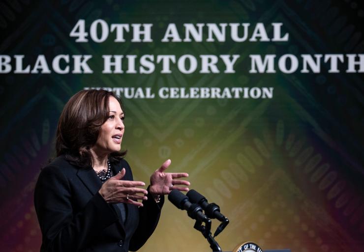 Vice President Kamala Harris speaks at the White House during a Black History Month Virtual Celebration on Feb. 27, 2021, in Washington, D.C.
