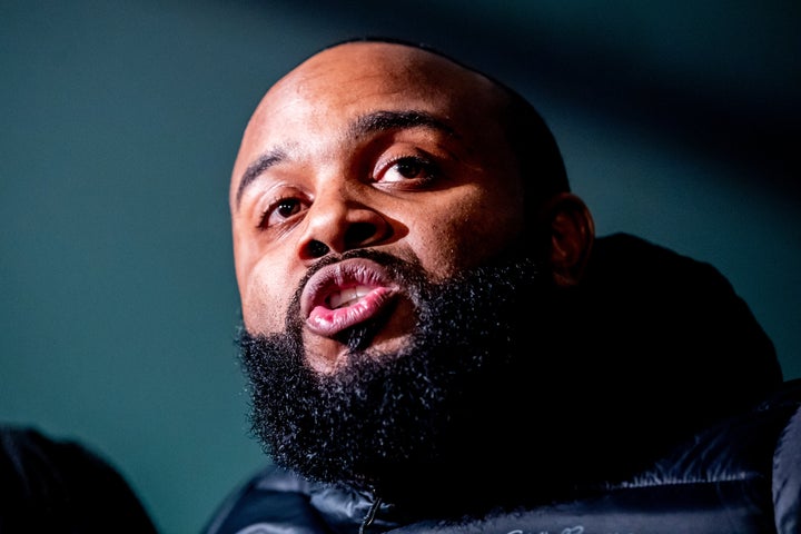 Community activist Will Calloway speaks to the press in January 2019 following the sentencing hearing for former Chicago police officer Jason Van Dyke for the 2014 murder of 17-year-old Laquan McDonald. Calloway is leading the push for Van Dyke to face federal charges as he's released from prison.