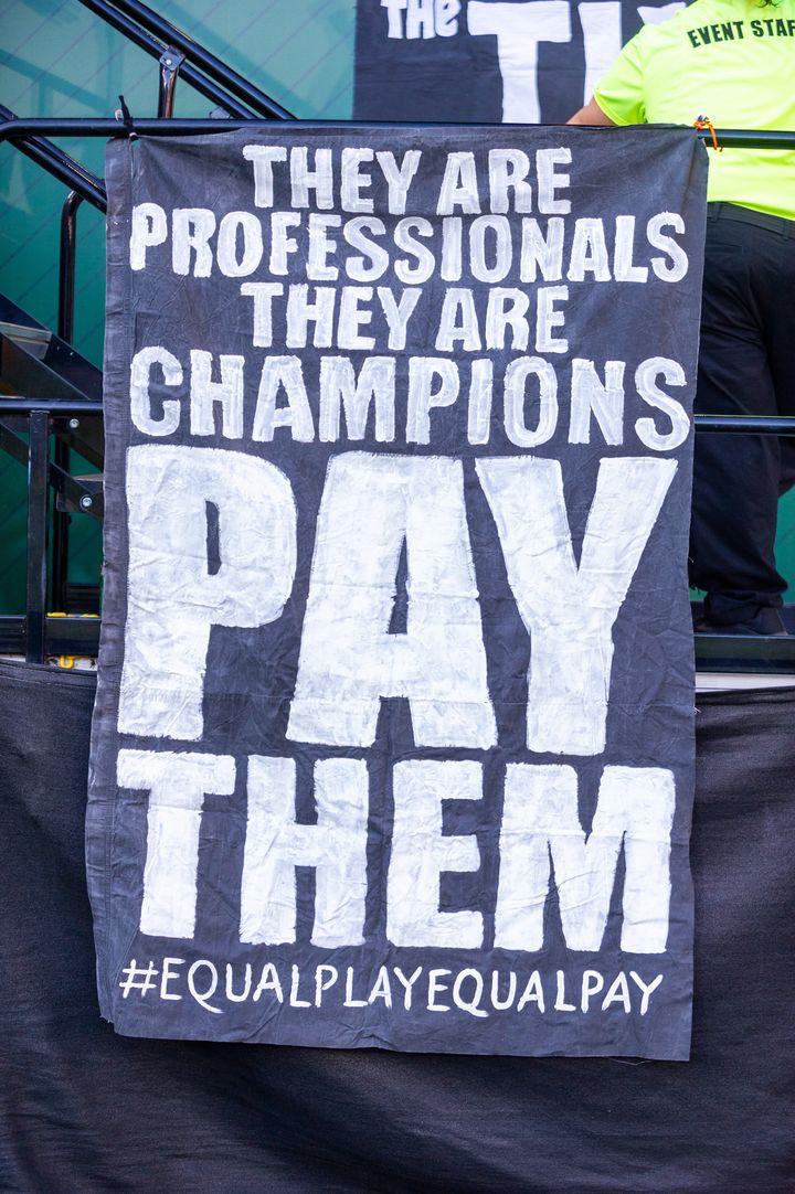 PORTLAND, OR: Fans of NWSL's Portland Thorns show their support for equal pay demanded by the USNWT players (Photo by Diego Diaz/Icon Sportswire via Getty Images).