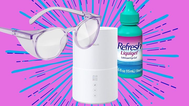 Defend your eyes from wind with these stylish wraparound glasses, add some moisture to the air with a germ-free humidifier and keep eyes moist with a bottle of lubricating eye gel.