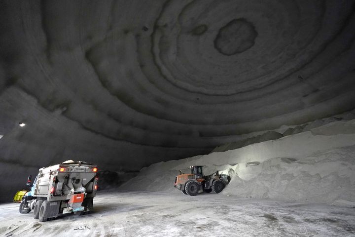 A City of Chicago Department of Streets and Sanitation salt truck waits for a load in a city salt dome in anticipation of a winter storm on Feb. 1, 2022, in Chicago.
