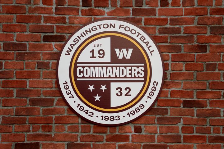 A detailed view of a Washington Commanders logo during the announcement of the Washington Football Team's name change to the Washington Commanders at FedExField on Feb. 2.