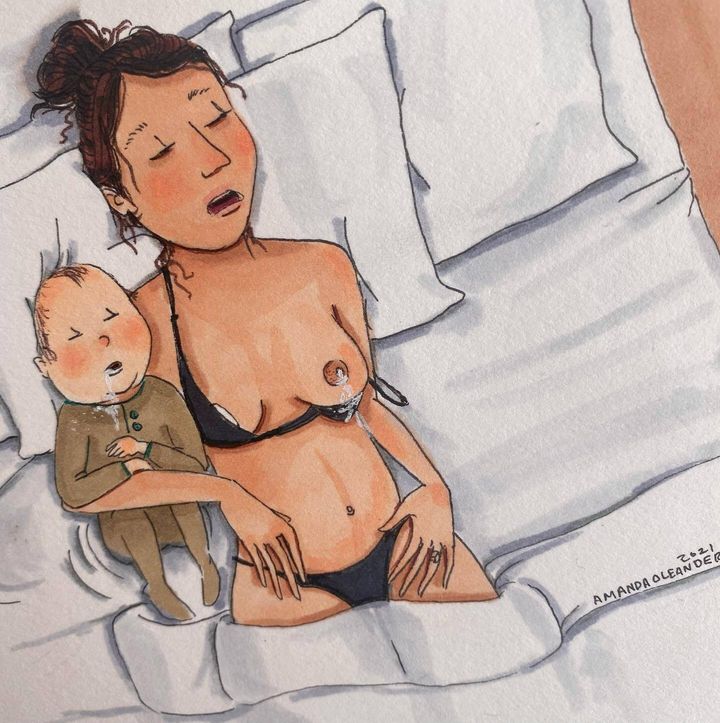 "This is exactly how Joey found us napping the other day after a feed," Oleander wrote in the Instagram caption for this illustration. 