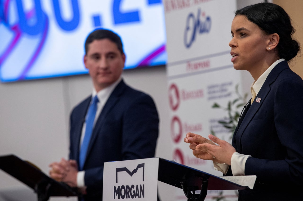 Josh Mandel, a hard-right Republican, debated progressive Morgan Harper in Columbus this month.