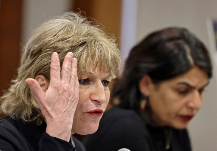 Agnes Callamard, the Secretary General of Amnesty International (L) speaks during a press conference in Jerusalem, on February 1, 2022. - Amnesty International labelled Israel an "apartheid" state that treats Palestinians as "an inferior racial group," joining the assessment of other rights groups which the Jewish state vehemently rejects.