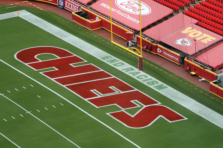 "End Racism" is seen in the end zone at Arrowhead Stadium in Kansas City, Missouri. 