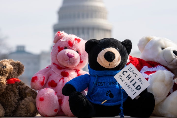 Teddy bears meant to represent West Virginia children appear on the National Mall during an event to urge Congress to expand the Child Tax Credit, Feb. 2.