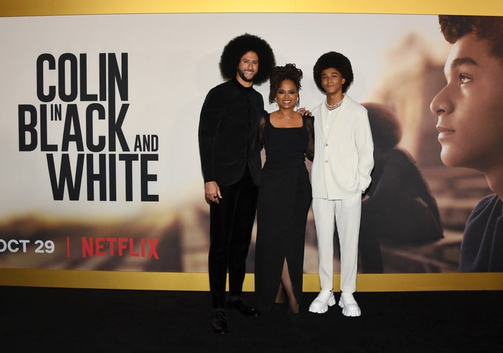 From left: Colin Kaepernick, Ava DuVernay, and Jaden Michael at the Los Angeles premiere of Netflix's "Colin in Black and White" in October 2021 in Los Angeles.