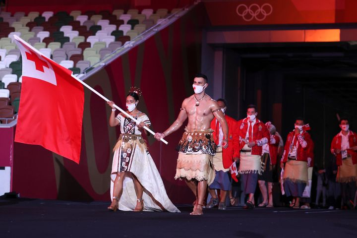 Pita Taufatofua of Team Tonga makes the scene at the Tokyo Olympics in 2021.