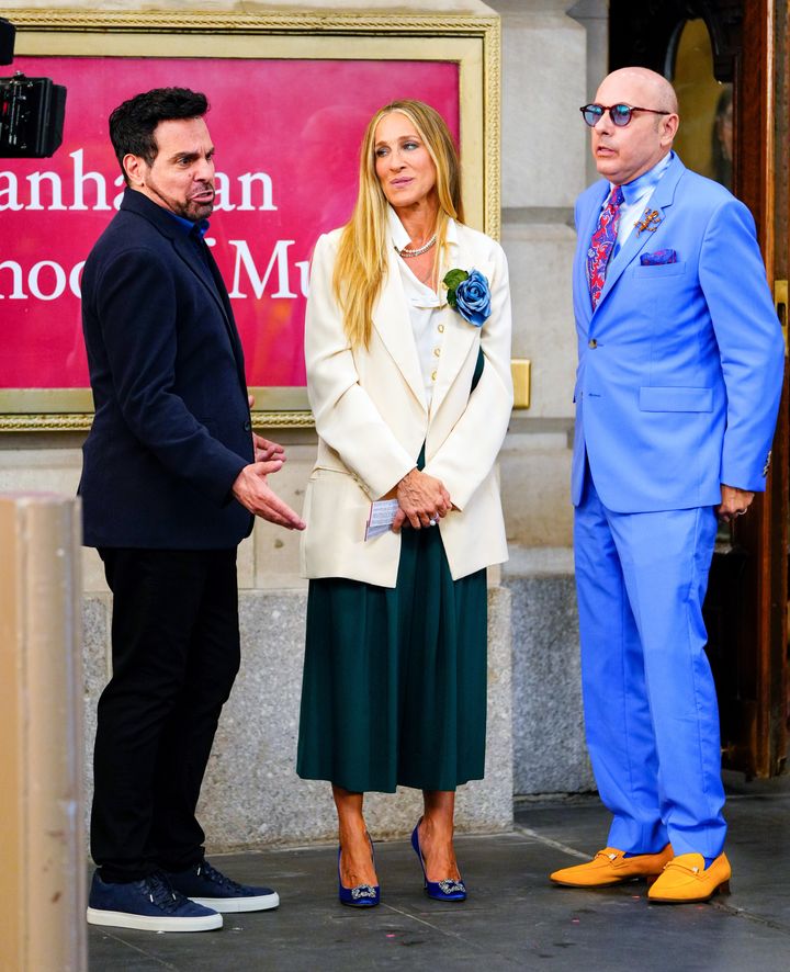 Actors Mario Cantone, Sarah Jessica Parker and Willie Garson are seen filming "And Just Like That" on July 23, 2021, in New York City.