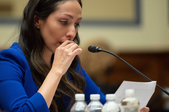 Ana Nunez, who worked in the Washington football team's sales office for four years, speaks before the House Oversight Committee during a roundtable on Thursday.