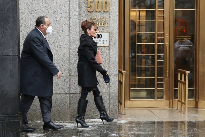 Former Alaska Gov. Sarah Palin arrives at a federal court in Manhattan to resume a case against The New York Times. The onetime vice presidential candidate filed a lawsuit against the Times on claims that an editorial in the paper damaged her career as a conservative political commentator. The editorial was later partly retracted.
