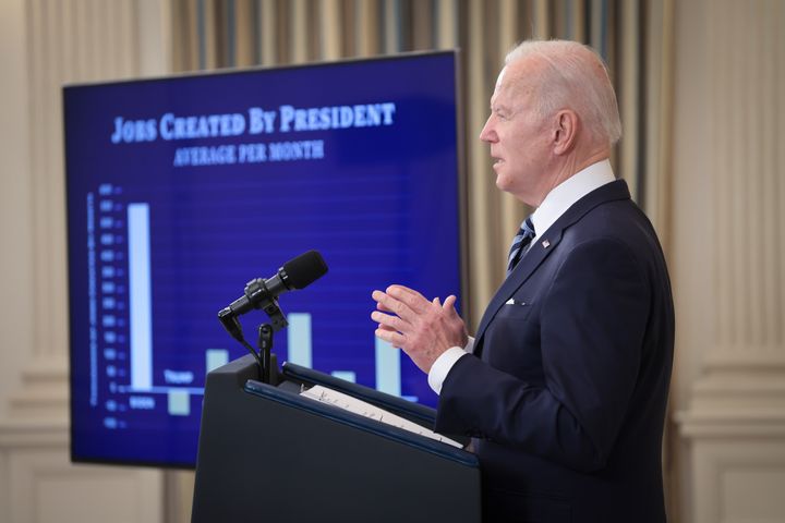 President Joe Biden speaks on the January jobs report during an event in the State Dining Room of the White House on Feb. 4 in Washington, D.C.