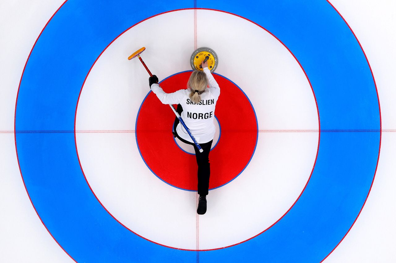 Kristin Skaslien of Team Norway competes Thursday against Team United States during the curling mixed doubles round robin at National Aquatics Center ahead of the opening of the 2022 Beijing Winter Olympics.