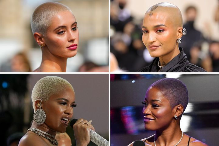Clockwise from top left: Iris Law, Indya Moore, Keke Palmer and Saweetie are among the celebrities who have had their heads shaved.