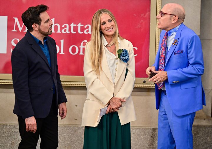 Mario Cantone, Sarah Jessica Parker and Willie Garson seen on the set of And Just Like That..." on July 24, 2021 in New York City. (Photo by James Devaney/GC Images)