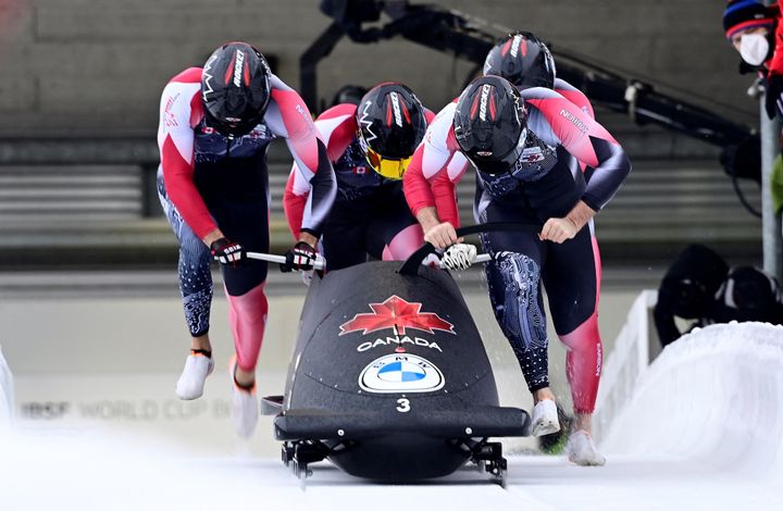 Canada's four-man bobsled team with Ryan Sommer in action at a January race in Germany.