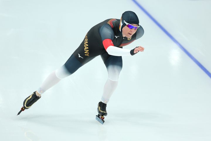 The 49-year-old raced in the 3,000 meters, the opening event of the speedskating competition at the Ice Ribbon.