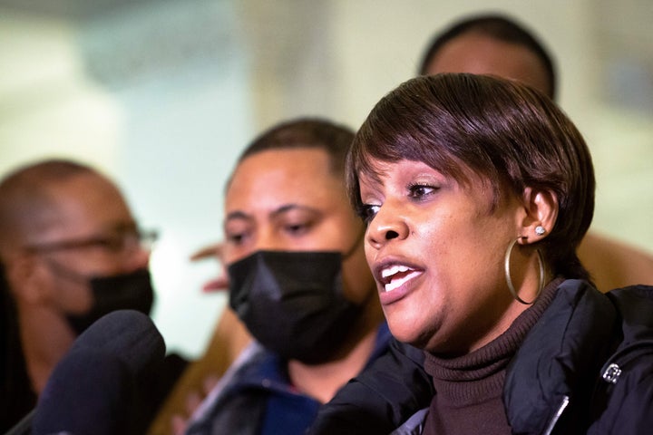 Amir Locke's mother Karen Wells, right, speaks flanked by his father Andre Locke, during a press conference at City Hall in Minneapolis, Minnesota.