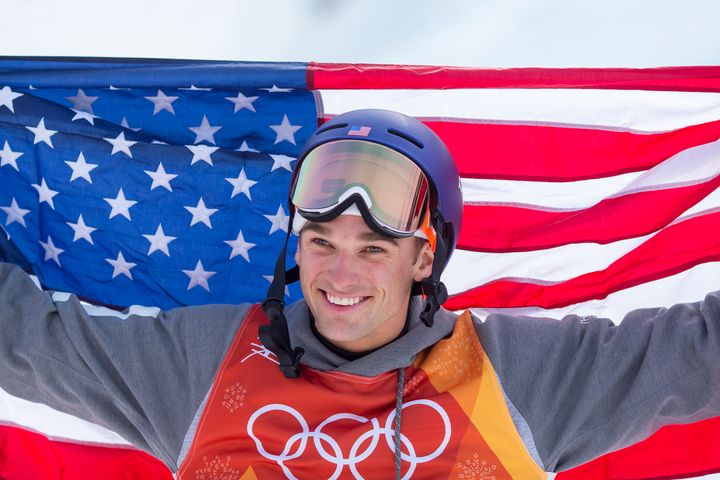 Nick Goepper celebrates his slopestyle silver medal at the 2018 Winter Olympics.