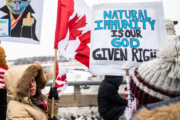 Protestors show their support for the Freedom Convoy of truck drivers.