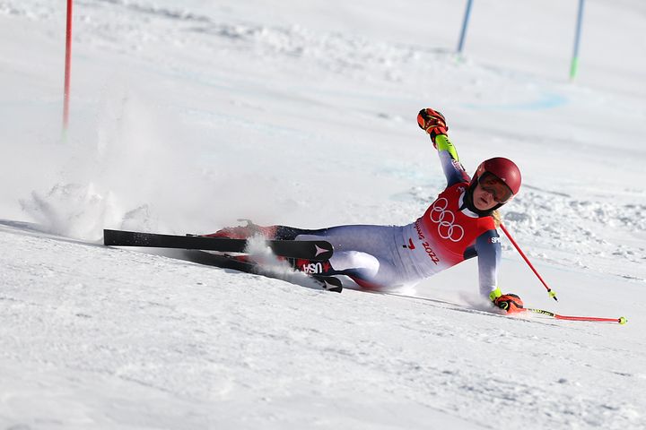 Mikaela Shiffrin falls in the women's giant slalom at the Beijing Winter Olympics.