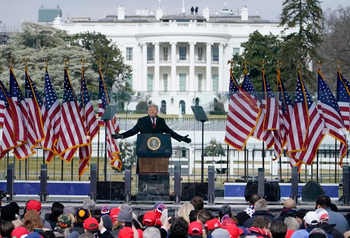 The White House in the background, then-President Donald Trump speaks at a rally in Washington, Jan. 6, 2021. (AP Photo/Jacquelyn Martin, File)