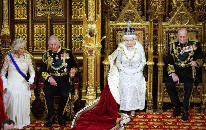 Camilla, Prince Charles, Queen Elizabeth II and Prince Philip attend the State Opening of Parliament in the House of Lords on May 8, 2013, in London.