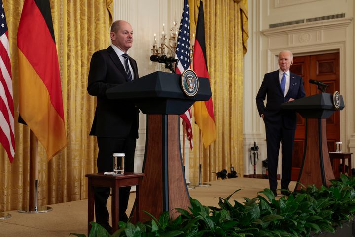 German Chancellor Olaf Scholz speaks during a joint news conference with U.S. President Joe Biden in the East Room of the White House on Feb. 7 in Washington, D.C.