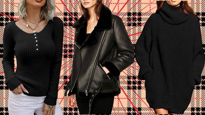 Grab a fuzzy V-neck henley, an irresistibly cool faux leather motorcycle jacket and an adorable oversized turtleneck sweater dress. 