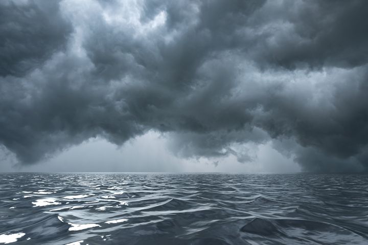 There are storms in the sea, bad atmosphere, heavy rain and high waves.