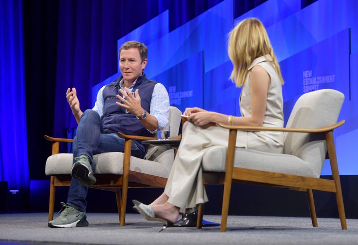 (L-R) John Foley, Cofounder and CEO of Peloton and Vanity Fair correspondent Jane Fox speak onstage during 'Peloton Gears Up' at Vanity Fair's 6th Annual New Establishment Summit at Wallis Annenberg Center for the Performing Arts on October 23, 2019 in Beverly Hills, California.