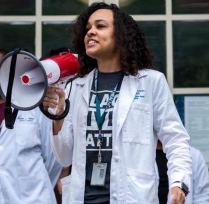 The author delivering the keynote speech at a Yale School of Medicine White Coats for Black Lives demonstration.
