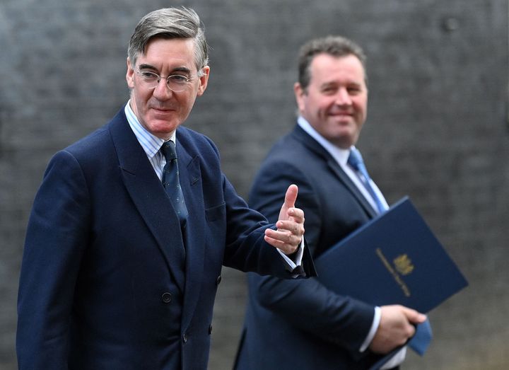 Jacob Rees-Mogg (L) and Mark Spencer leave from 10 Downing Street in central London on February 1, 2022. 