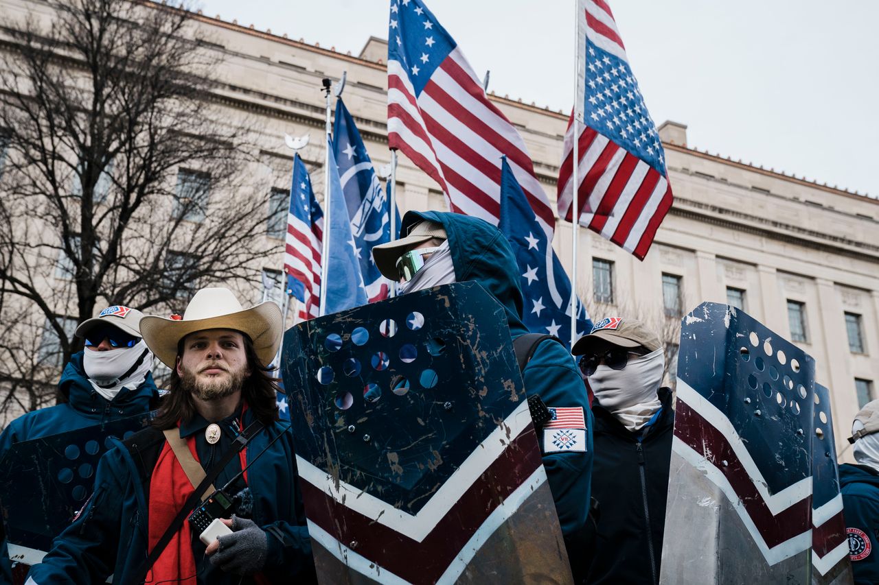 Thomas Rousseau, in the cowboy hat standing second from the left, marches with a small contingent of his Patriot Front subordinates during the 49th annual anti-abortion March for Life along Constitution Ave. on Friday, Jan. 21, 2022, in Washington, D.C. 