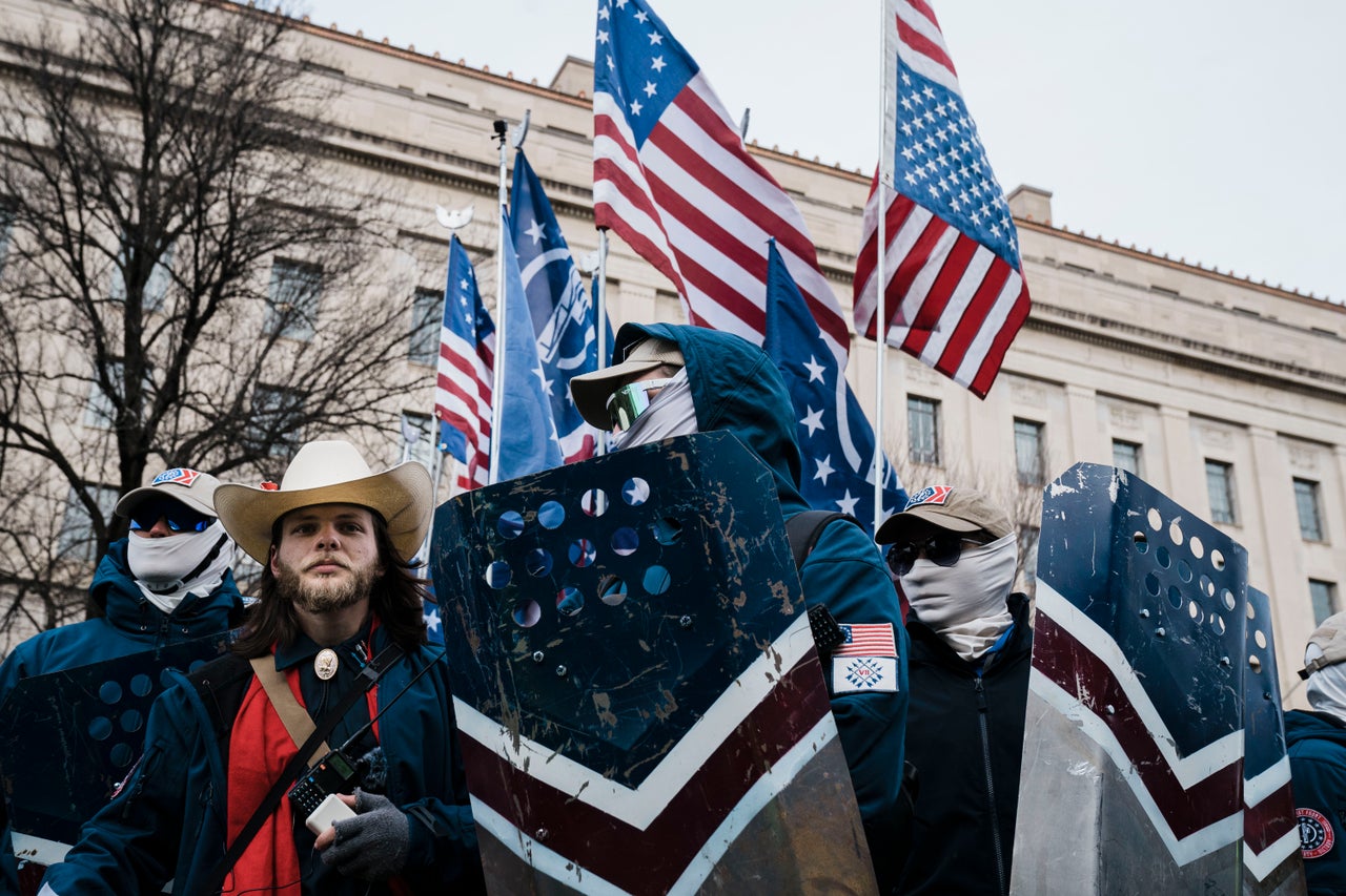 Thomas Rousseau, in the cowboy hat standing second from the left, marches with a small contingent of his Patriot Front subordinates during the 49th annual anti-abortion March for Life along Constitution Ave. on Friday, Jan. 21, 2022, in Washington, D.C.