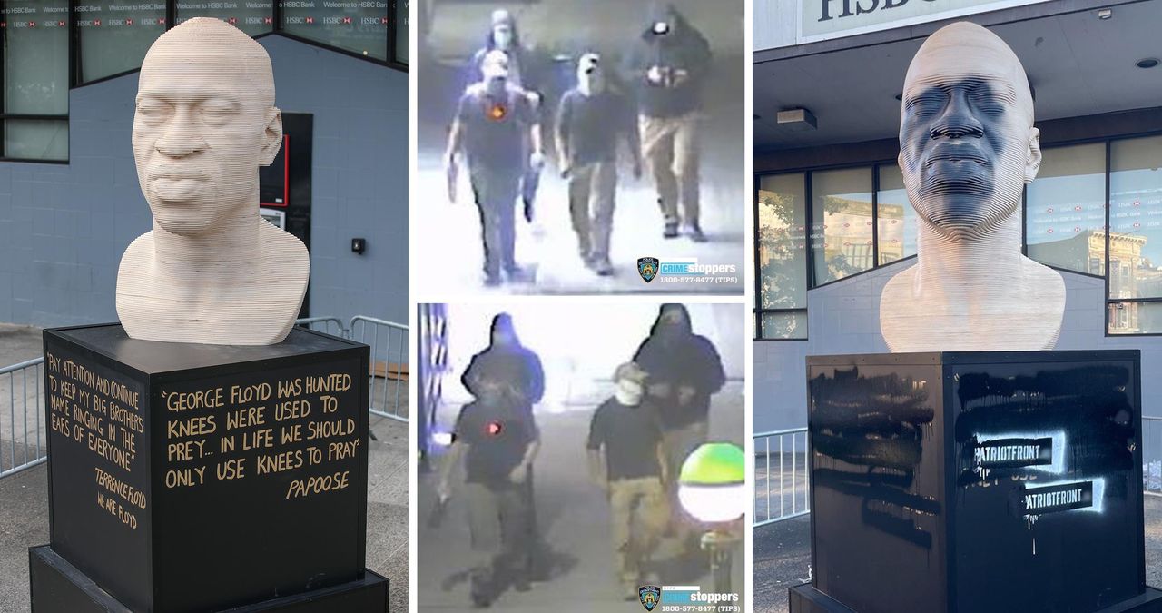 Left, the George Floyd statue in Brooklyn before it was vandalized. Center, surveillance footage released by the NYPD of the vandals, all wearing outfits consistent with Patriot Front's uniform. Right, the statue after it was vandalized. 