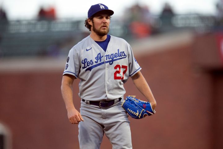 Los Angeles Dodgers starting pitcher Trevor Bauer, pictured last May, will not face criminal charges over sexual assault allegations.