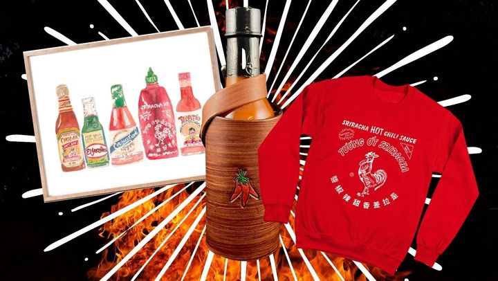 Hang this hand-painted water color featuring your favorite hot sauces in your kitchen, keep hot sauce on hand at all times with this hot sauce holster and sport a crewneck sweatshirt featuring America's favorite rooster.