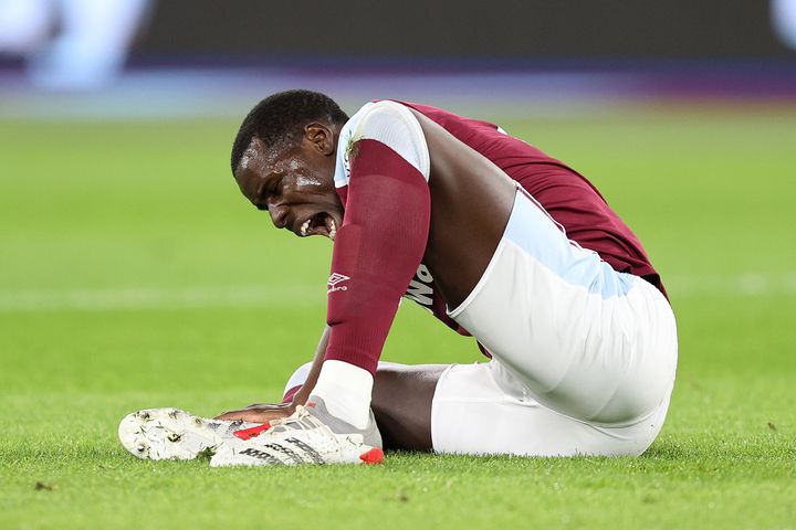 Kurt Zouma in pain during the Premier League match between West Ham United and Watford.