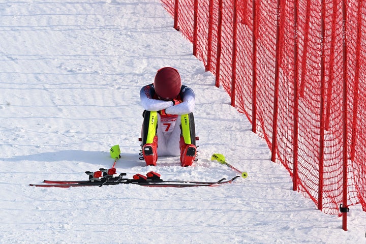 Mikaela Shiffrin of the United States reacts during the alpine skiing women's slalom at the National Alpine Skiing Centre in Beijing, China on Tuesday. 