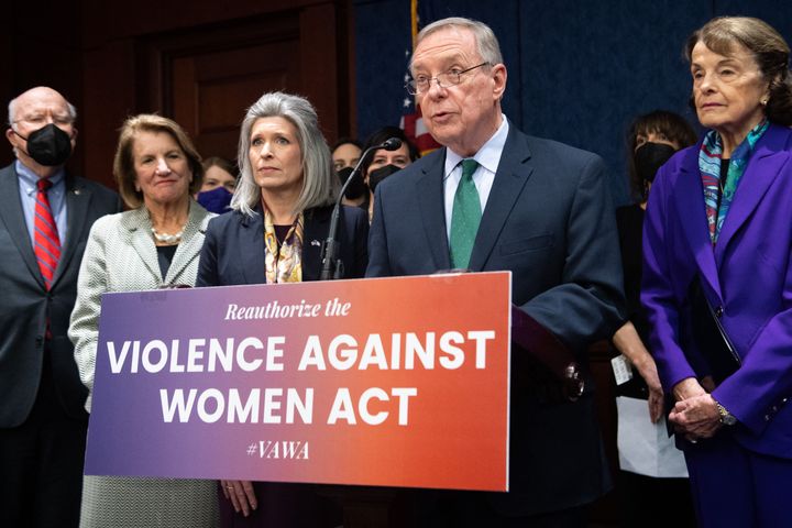 Sen. Dick Durbin (D-Ill.) speaks alongside Sen. Patrick Leahy (D-Vt.), left, Sen. Shelley Moore Capito (R-W.Va.), Sen. Joni Ernst (R-Iowa) and Sen. Dianne Feinstein (D-Calif.) as they announce a bipartisan modernized Violence Against Women Act (VAWA) bill.