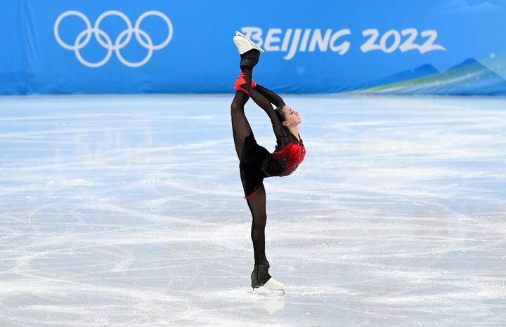 Kamila Valieva of the Russian Olympic Committee performs during the figure skating team event in Beijing on Feb. 7, 2022.