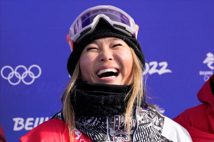 Gold medal winner United States' Chloe Kim celebrates after the women's halfpipe finals at the 2022 Winter Olympics.