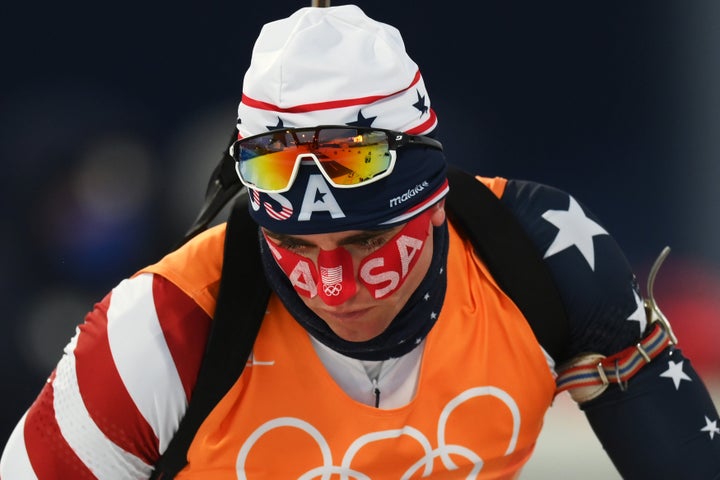 Sean Doherty of the U.S. team competes in the mixed biathlon 4x6 km relay.