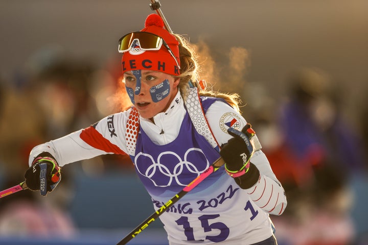 Marketa Davidova of the Czech Republic skis in the 15 kilometer women's biathlon.