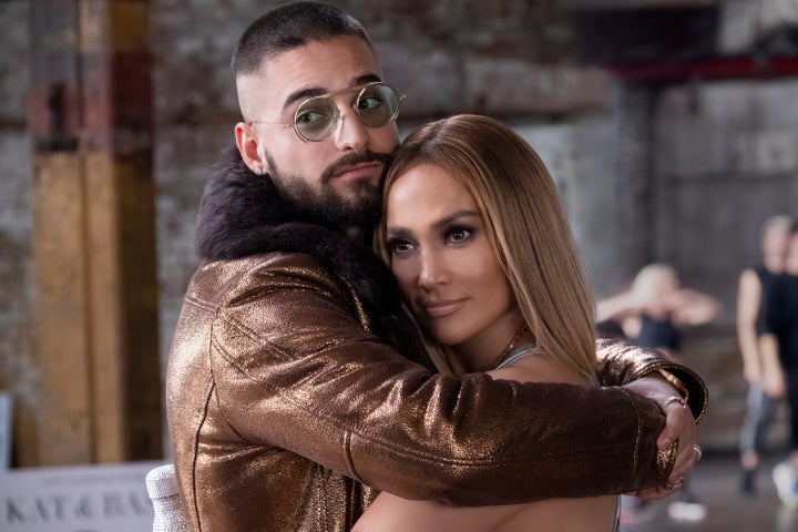 Bastian (Maluma) and Kat Valdez (Jennifer Lopez) in "Marry Me," directed by Kat Coiro.