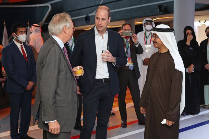 Chief Executive of Tusk, Charles Mayhew, Prince William and Sultan Ahmed bin Sulayem attend The Earthshot Prize Innovation Showcase at Expo2020, Dubai on Feb. 10.