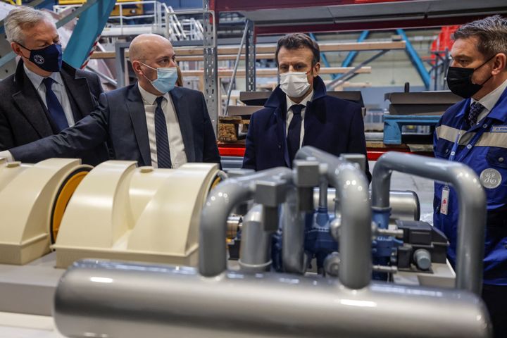 French President Emmanuel Macron and French Finance Minster Bruno Le Maire visit the main production site of GE Steam Power System in Belfort, France, February 10, 2022. Jean-Francois Badias/Pool via REUTERS