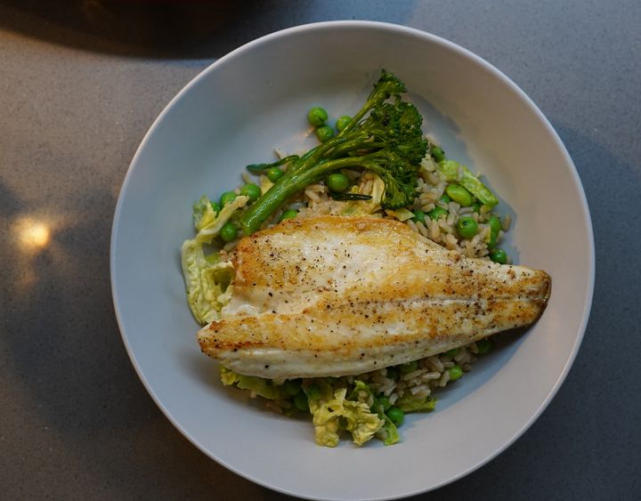 Waitrose's sea bass fillets with greens.